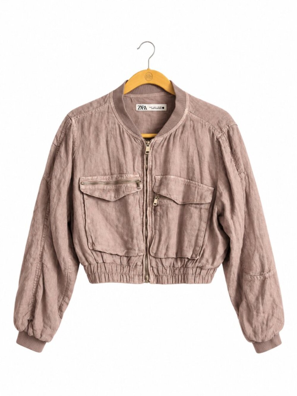 ZARA Blush Pink Taupe Cotton Cropped Bomber Jacket Size S